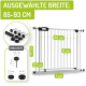 Haustiersicherheitsgitter mit verstellbarer Breite (85-93 cm), Abmessungen beschriftet: Höhe 77 cm, Breite 63 cm und verschiedene enthaltene Teile gezeigt.