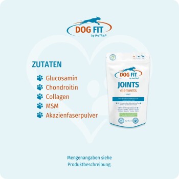 DOG FIT 'Joints elements small' Beutel mit deutscher Zutatenliste: ZUTATEN — Glucosamin, Chondroitin, Kollagen, MSM, Akazienfaserpulver.