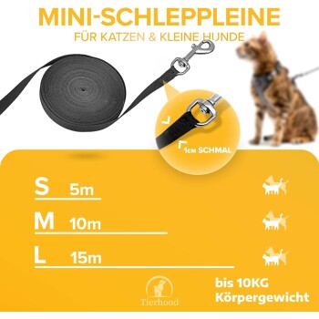 Schwarze Mini-Leine für Katzen und kleine Hunde, erhältlich in den Größen S (5m), M (10m) und L (15m), geeignet für Haustiere bis 10 kg.