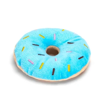 Blaues Plüsch-Hundespielzeug in Form eines Donuts mit bunten Streuseln, mit einem Loch in der Mitte und einer weichen, strukturierten Oberfläche.