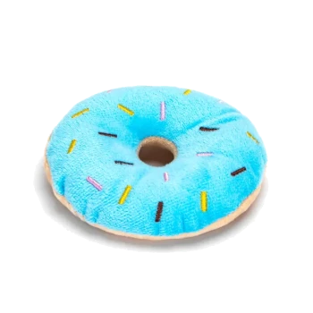 Blaues Plüsch-Hundespielzeug in Form eines Donuts mit bunten Streuseln, mit einem Loch in der Mitte und einer weichen, strukturierten Oberfläche.