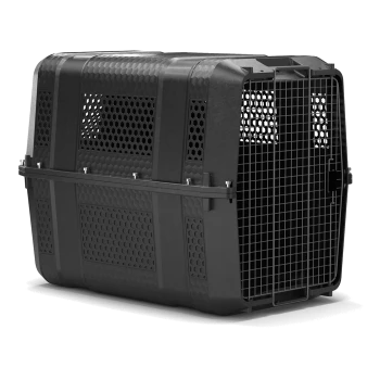 Schwarze Haustiertrage mit belüftetem Design, ausgestattet mit einer Metallgittertür und robuster Konstruktion, ideal für Reisen.