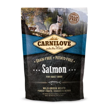 ALLC Dog Adult Saumon 1,5 kg Un sac de nourriture pour chiens Carnilove mettant en avant le saumon, étiqueté "Sans céréales" et "Sans pommes de terre," avec un arrière-plan de nature pittoresque.