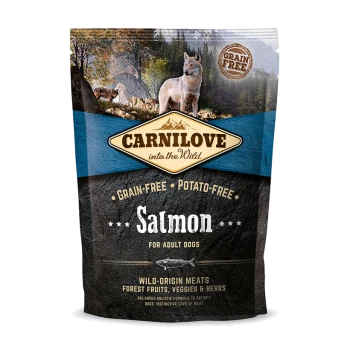 Eine Tüte Carnilove Hundefutter mit Lachs, beschriftet mit "Getreidefrei" und "Kartoffelfrei," vor einer malerischen Wildnis-Hintergrund.