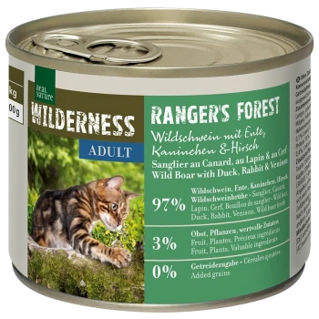Eine Dose Wilderness Ranger's Forest Katzenfutter mit einem Bengal-Katze auf dem Etikett. Es enthält 97% Wildschwein, Ente, Kaninchen und Wildfleisch.