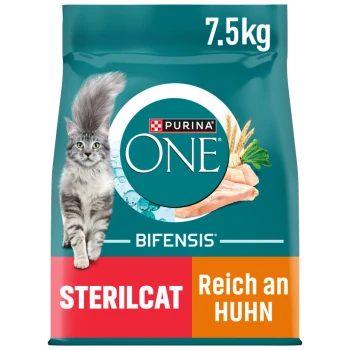 Sac de nourriture pour chats Purina ONE Bifensis, 7,5 kg, présentant un chat gris, avec le texte 'STERILCAT' et 'Reich an Huhn' (riche en poulet).