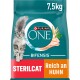 Purina ONE Bifensis Katzenfutterbeutel, 7,5 kg, mit einer grauen Katze, mit dem Text 'STERILCAT' und 'Reich an Huhn'.