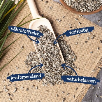Eine Holzschaufel mit Sonnenblumenkernen auf Jute, beschriftet mit "nährstoffreich," "fetthaltig," "kraftspendend," und "naturbelassen."