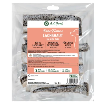 Aniforte Lachs-Haut-Hundeleckerlis-Packung mit Hundillustration, beschriftet mit "100 % Natürlich" und "Natürliche Belohnung" in Deutsch und Englisch.