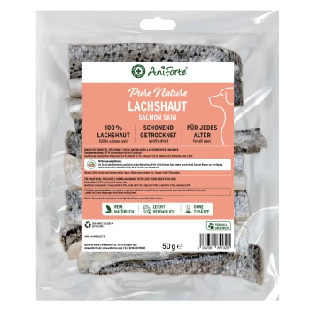 Aniforte Lachs-Haut-Hundeleckerlis-Packung mit Hundillustration, beschriftet mit "100 % Natürlich" und "Natürliche Belohnung" in Deutsch und Englisch.
