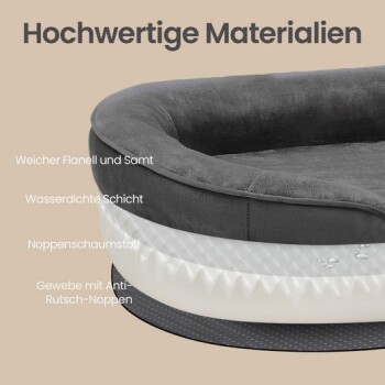 Graues rundes Haustierbett im Querschnitt mit geschichteten Schaum- und Plüschlagen; sichtbarer deutscher Text 'Hochwertige Materialien'