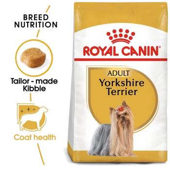 Royal Canin Adult Yorkshire Terrier dog food bag featuring a Yorkshire Terrier image, highlighting breed nutrition and coat health.