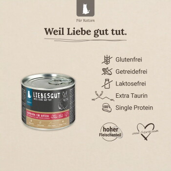 Liebesgut Katzenfutterdose mit 'Weil Liebe gut tut.' und Symbolen: glutenfrei, getreidefrei, laktosefrei, extra Taurin, Single-Protein.