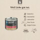 Liebesgut Katzenfutterdose mit 'Weil Liebe gut tut.' und Symbolen: glutenfrei, getreidefrei, laktosefrei, extra Taurin, Single-Protein.
