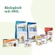 Yarrah Bio-Hundefutterprodukte: Welpen- und Kleinrassenbeutel, Pasteten-Multipack, Mini-Snacks, mit dem Text "Biologisch seit 1992".