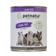 Dosenfutter "Lamm Pur" von Petnatur, das sechs Hunde auf dem Etikett zeigt, als konservierungsmittelfrei gekennzeichnet mit Destillatöl.