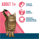Getigerte Katze mit der Überschrift ‚ADULT 1+‘ und Symbolen, die Vorteile auflisten: Vitalität & Fitness; Starke Muskeln; Zahnfleisch & Zähne.
