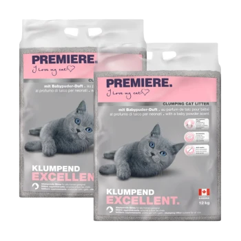 Twee zakken Premiere klonterende kattenbakvulling, met een grijze kat en gelabeld met babypoeder geur en 12 kg gewicht.