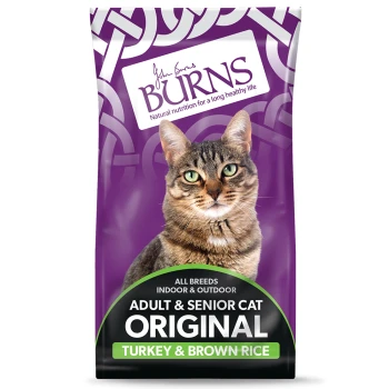 Cat food bag with a tabby cat, labeled "Burns," stating "Natural nutrition for a long healthy life" and "Adult & Senior Turkey & Rice."