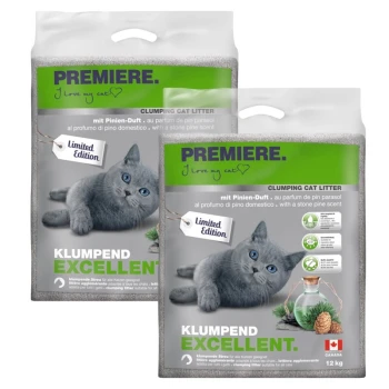 Zwei Säcke PREMIERE Klumpstreu für Katzen, mit einer grauen Katze mit blauen Augen auf der Verpackung, beschriftet mit 'Limited Edition' und '12 kg.'