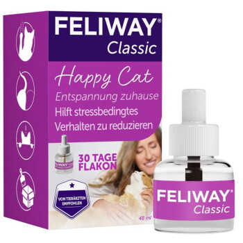 FELIWAY Classic 'Happy Cat' Beruhigungsdiffusor-Box und 48-ml-Nachfüllflasche; zeigt '30 TAGE FLAKON'.