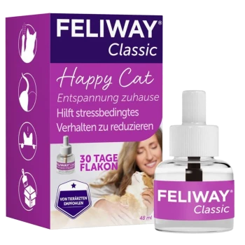 FELIWAY Classic 'Happy Cat' Beruhigungsdiffusor-Box und 48-ml-Nachfüllflasche; zeigt '30 TAGE FLAKON'.