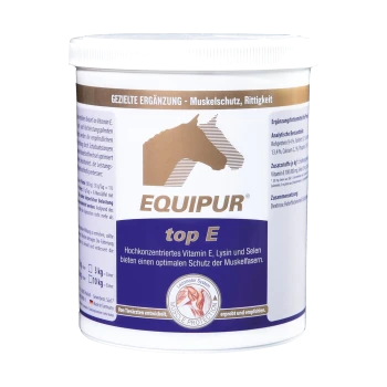 Behälter von EQUIPUR top E, einem Pferde-Nahrungsergänzungsmittel mit Vitamin E, Lysin und Selen zum Schutz der Muskeln, beschriftet auf Deutsch.