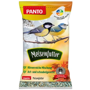 ® MEISENFUTTER 1 kg Ein Beutel PANTO Meisenfutter mit zwei bunten Vögeln auf einem Ast und dem Text "Körnerreiche Mischung" und "Art- und schnabelgerecht."