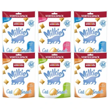 Sechs Pakete von animonda Milkies Cat Snack mit den Geschmacksrichtungen: Frisch, Wellness, Zahnpflege, Harmonie, Balance und Omega-3.