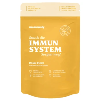 Immu Push 325 g Gelbe Verpackung für "Immu Push" Vitamin-Snacks für Hunde, die ein starkes Immunsystem mit natürlichen Superfoods fördern.