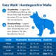 Größentabelle für das Easy Walk® Hundegeschirr mit Anweisungen zur Messung der Brustbreite und des Brustumfangs, mit einer Silhouette eines Hundes und einer Größentabelle.