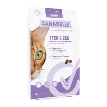 Die Verpackung für Katzenfutter zeigt das Gesicht einer Katze, beschriftet mit "SANABELLE STERILIZED" mit Details zur Gewichtskontrolle und Ernährung.