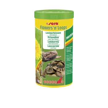 Pojemnik z karmą dla gadów Sera Flowers'n'Loops, prezentujący brodatego smoka i żółwia, z tekstem o składnikach ziołowych i odżywianiu.