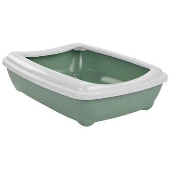 Grüne Katzentoilette mit einem weißen Rand, mit einem niedrigen Eingangsdesign für einfachen Zugang.