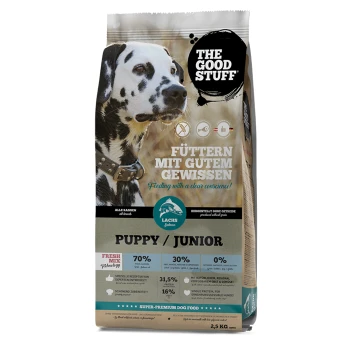Beutel 'THE GOOD STUFF' Welpen/Junior-Hundefutter mit Dalmatiner-Foto, Text 'Füttern mit gutem Gewissen' und Lachs-Symbol.
