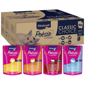 Vitakraft Poésie Classique Classic Choice Katzenfutterpackung mit 96 Saucenbeuteln in den Geschmacksrichtungen Huhn, Truthahn, Rind und Lachs.
