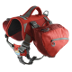 Rotes Hundegeschirr mit abnehmbarem Satteltasche, mit verstellbaren Riemen und einem Griff oben für einfaches Anheben.