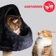 Zwei Katzen interagieren, eine späht aus einem dunklen Katzenbett, während die andere davor sitzt und beide sich anstarren. 'ANSTAREN' steht darüber.