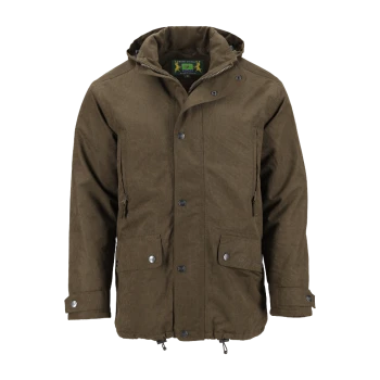 Braune Kapuzen-Outdoorjacke mit Frontknöpfen, Reißverschluss- und Druckknopftaschen sowie grünem Etikett im Krageninneren.