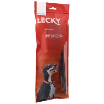 Rote Verpackung von Lecky Piccoli Rindfleisch-Hundeleckerlis mit einem glücklichen Hund mit Halsband, der 100% natürliche Zutaten hervorhebt.