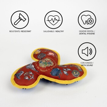 Red and yellow durable dog toy with sound, promoting health and dental hygiene, labeled resistant, healthy, dental hygiene, with sound.