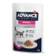 Aliments pour chats Advance Veterinary Diets Urinary, sachet de 85 g, présentant un chat gris et des morceaux de nourriture sur une assiette, avec un texte sur la santé urinaire.