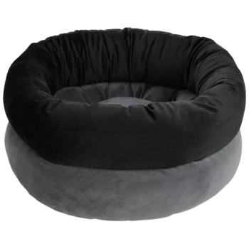 Panier rond pour animal avec côtés rembourrés noirs surélevés et base douce grise, conçu pour petits chiens ou chats.