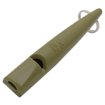 Olivgrüne ACME-Hundetrainingspfeife mit weißem Lanyard-Ring, hergestellt in England.
