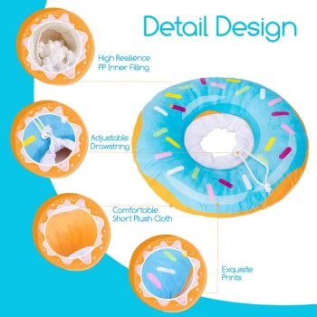 Buntes Haustierdonutbett mit verstellbarem Kordelzug, hochresilienter PP-Innenfüllung und bequemer Kurzplüschstoff.