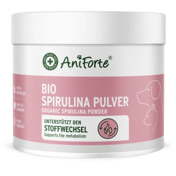 AniForte-Glas mit der Aufschrift 'Bio Spirulina Pulver', rosa Etikett mit Hund- und Katzensilhouetten und 'Unterstützt den Stoffwechsel'.