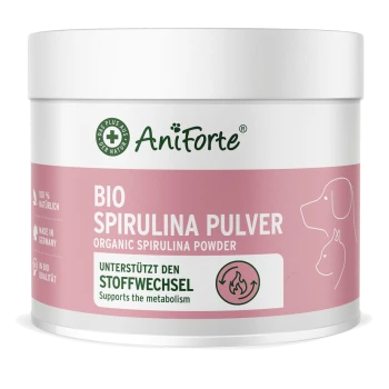 AniForte-Glas mit der Aufschrift 'Bio Spirulina Pulver', rosa Etikett mit Hund- und Katzensilhouetten und 'Unterstützt den Stoffwechsel'.