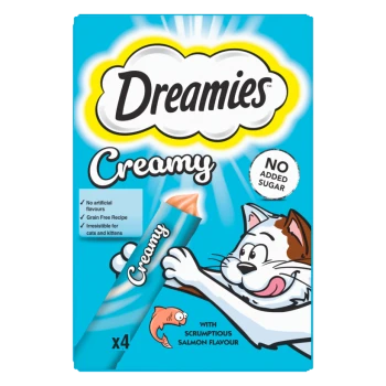 Dreamies Creamy cat treats box, blue packaging with cartoon cat, salmon flavour, "NO ADDED SUGAR" and "x4"