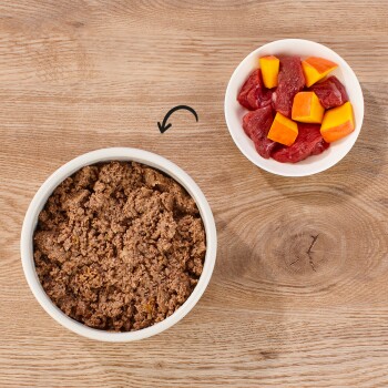 Eine Schüssel mit Haustierfutter mit einer strukturierten, braunen Mischung steht links, und eine kleine Schüssel mit gewürfeltem Fleisch und orangefarbenen Früchten steht rechts.