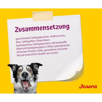 Ein glücklicher Hund mit offenem Mund neben einem gelben Zettel, der die Zutaten auf Deutsch auflistet: "Zusammensetzung" mit getrocknetem Geflügel, Mais, Reis usw.